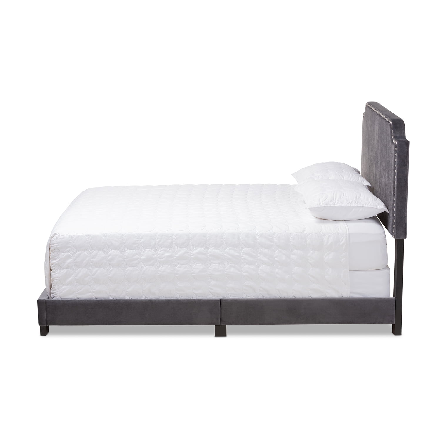 Luxury Velvet Queen Bed - Nailhead Trim Upholstered Bed Frame - Grey Bedroom Furniture