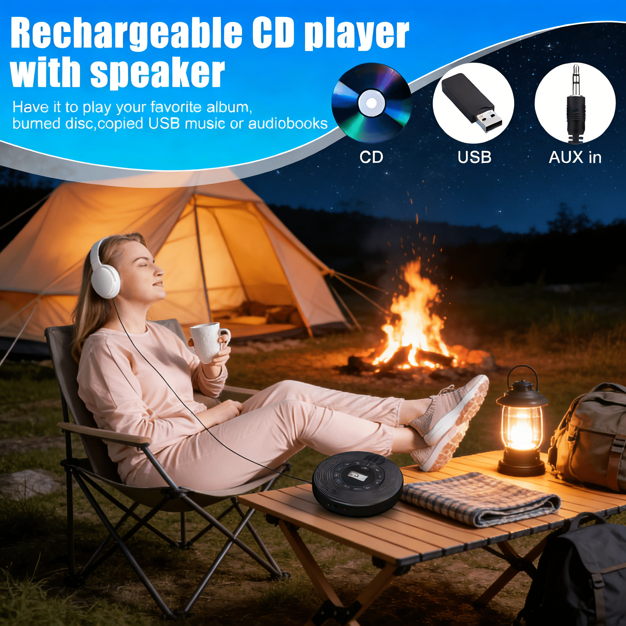 GJX 2026 New Portable Cd Player,Rechargeable Cd Walkman with Hifi Speaker,Personal Anti-Skip Cd Music Player with Lcd Display/Mp3/Headphone Jack/Aux Input Output for Cars Home Travel Adults Teens