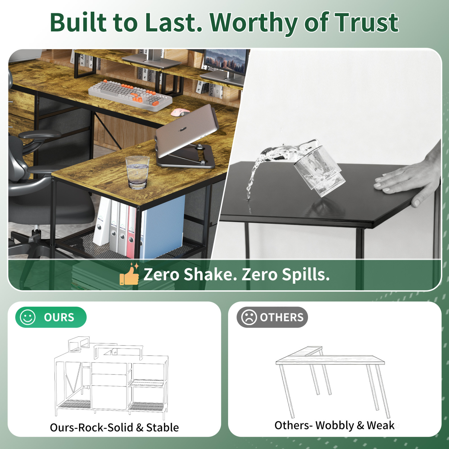 Lisonu 114" L-Shaped Desk with Power Outlets & USB-C, Industrial Corner Computer Desk with 6 Drawers & Movable Monitor Stands, Rustic Brown
