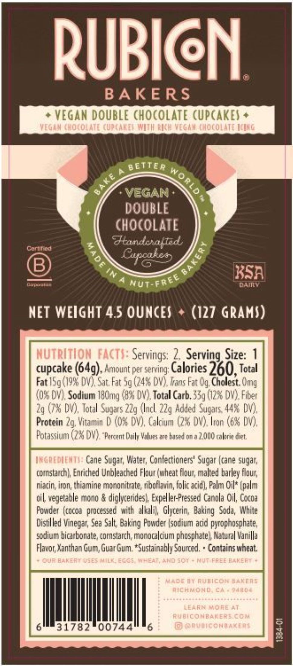 Rubicon Bakers, Vegan Double Chocolate Cupcake, Vegan Chocolate Icing, 2 Count, Grab and Go Tray