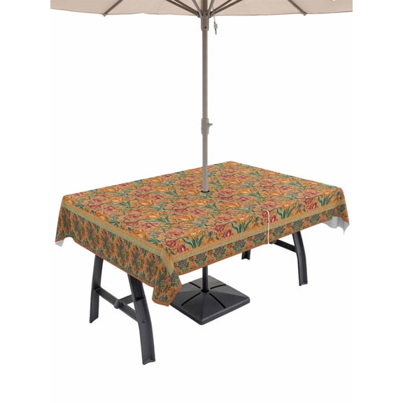 Outdoor Tablecloths with Umbrella Hole & Zipper, Brown Red Floral Boho 54x80 Inch Tablecloth Rectangle, Vintage Ethnic Tribe Abstract Art Waterproof Table Cloth, Patio/Pool/Picnic Table Covers