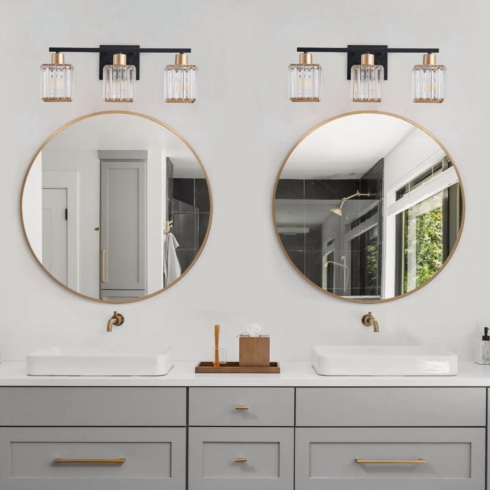 Aiwen 3-Light Vanity Lights, Crystal Glass Shades with Gold Accents, Modern Black Finish Light Fixture for Living Room, Bathroom & Hallway