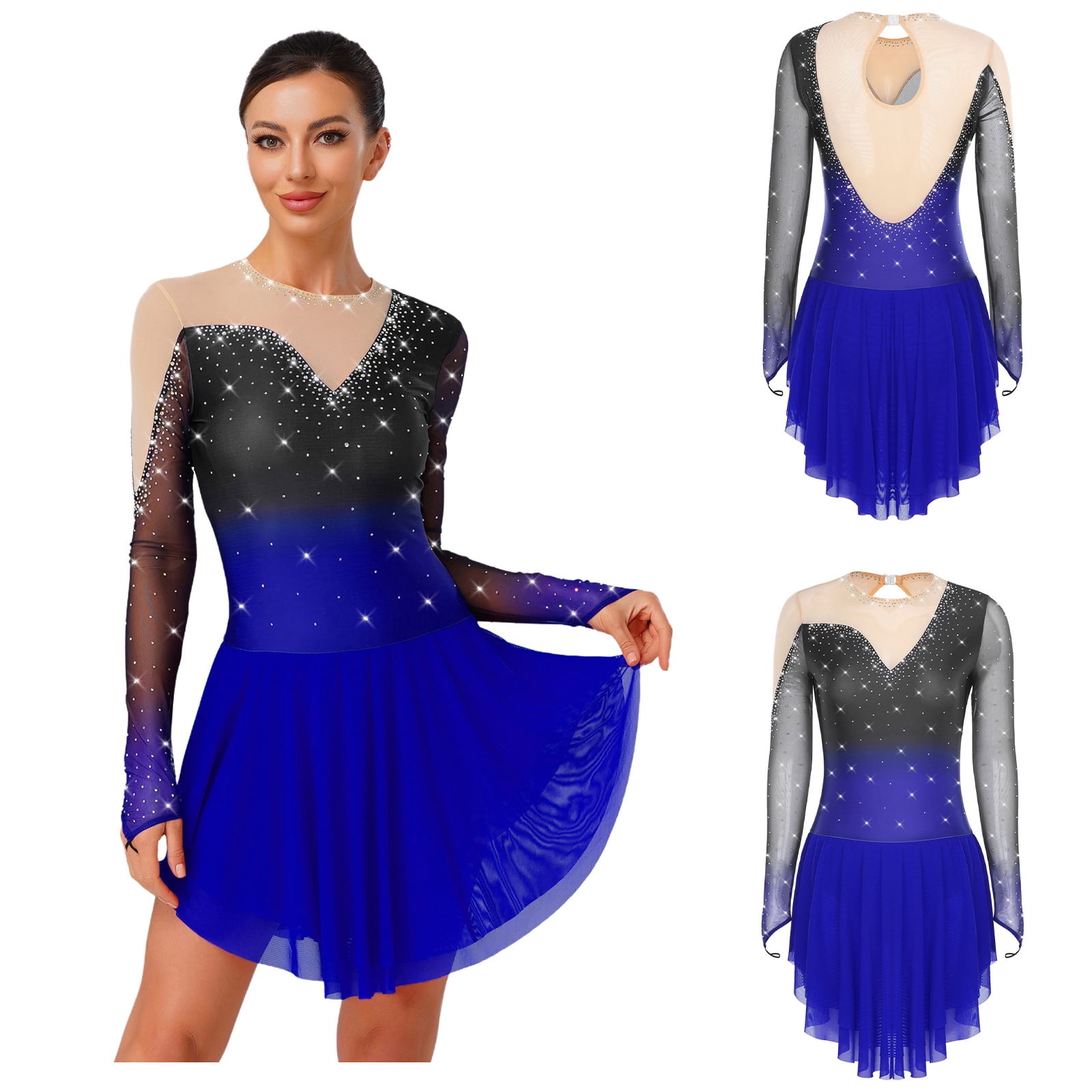iiniim Womens Glittery Figure Skating Gradient Dress Gymnastics Active Costume Royal Blue XL