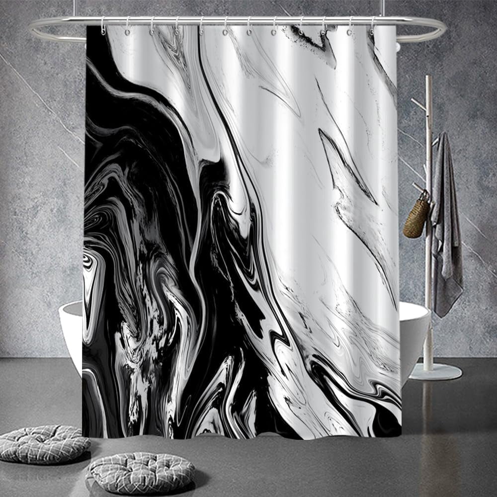 Black and White Shower Curtain, Modern Abstract Marble Shower Curtain for Bathroom Aesthetic Ink Texture Waterproof Fabric Shower Curtain Set with Hooks, 72x72 Inch