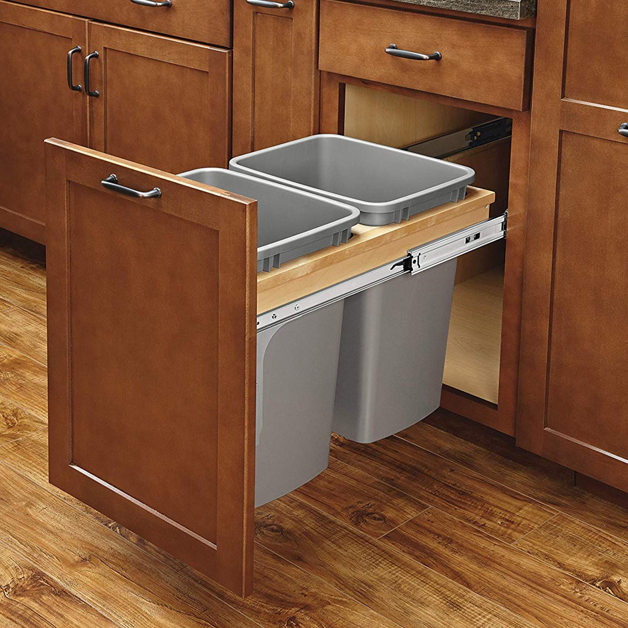 Rev-A-Shelf Double Pullout Top Mount Trash Can w/Soft Close, 27 Qt Silver, 4WCTM-15BBSCDM2
