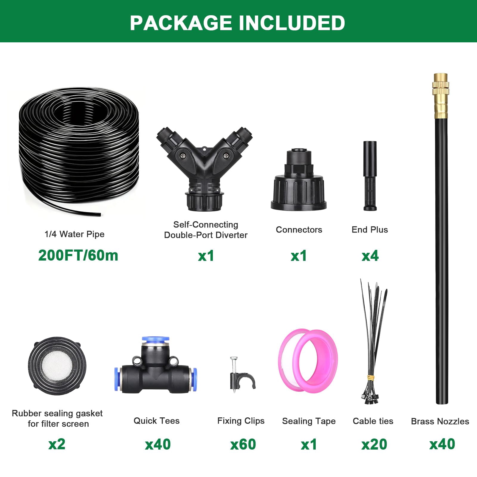 Drip Irrigation System  2026-upgrade 200ft 1/4" Garden Watering With 40 360° Adjustable Copper Nozzles Diy Kit For Lawn Greenhouse Raised Beds & Outdoor Plants