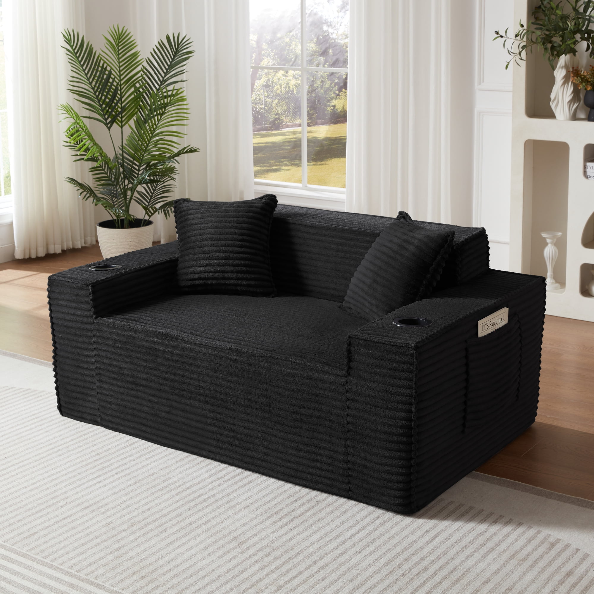 Leumius Cloud Sofa,2 Seater Boneless Couch with Cupholders,Upholstered Corduroy Fabric Modern Loveseat with Deep Seats for Living Room Bedroom,Black