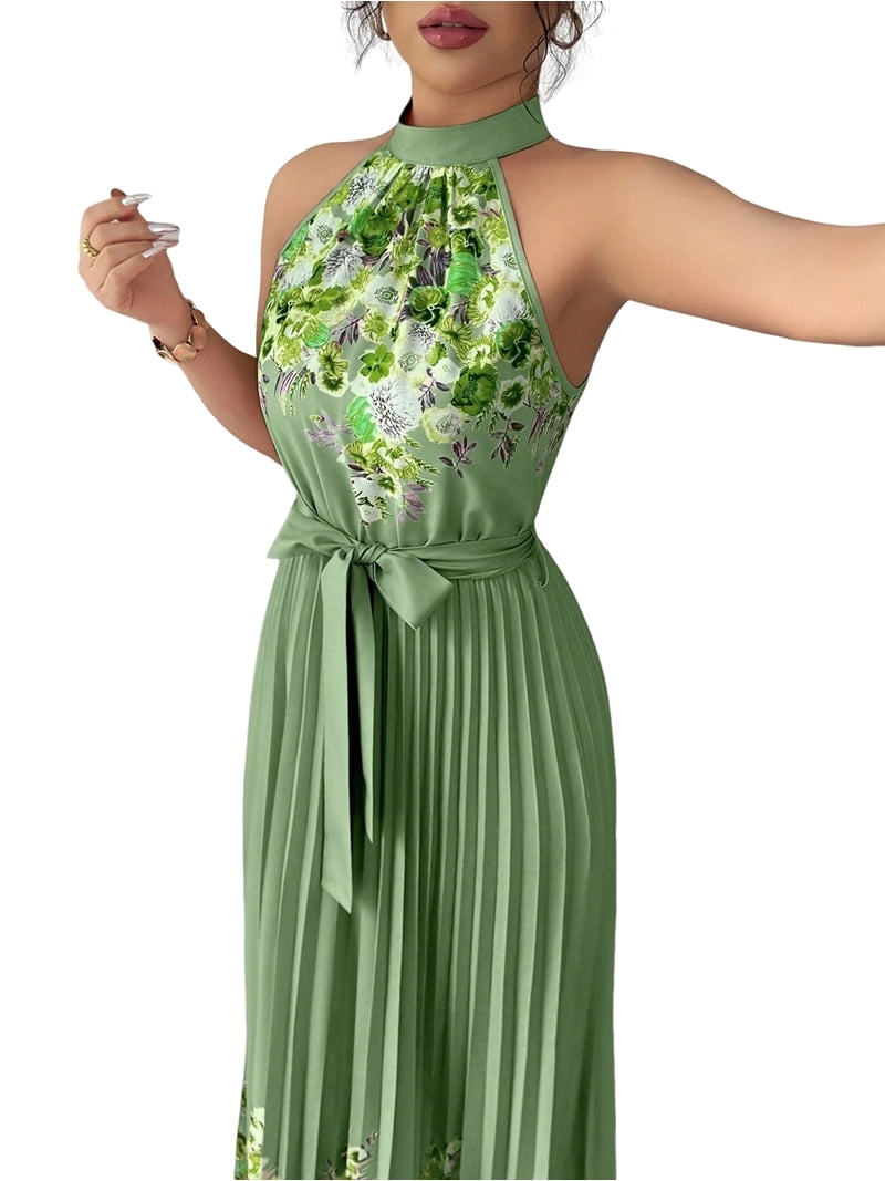 emerald green dress flowy Women Elegant Floral Halter Maxi Dress Classy Pleated A Line Flowy Summer  Wedding Guest Dress Emerald Green XL