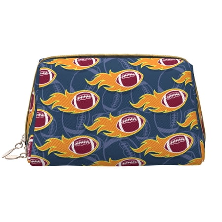 Picia Burning Rugby Balls Print Leather Makeup Bag Make Up Bag Travel Toiletry Bag for Her Girlfriend Teacher Teen Girl Gifts