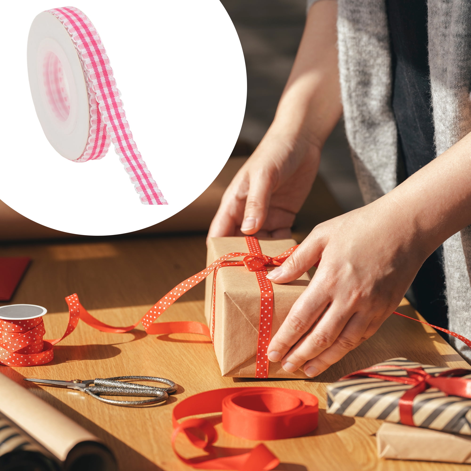 Unique Bargains 1pc 0.39"x29.53' Plaid Gift Ribbon for Crafting Rose Red