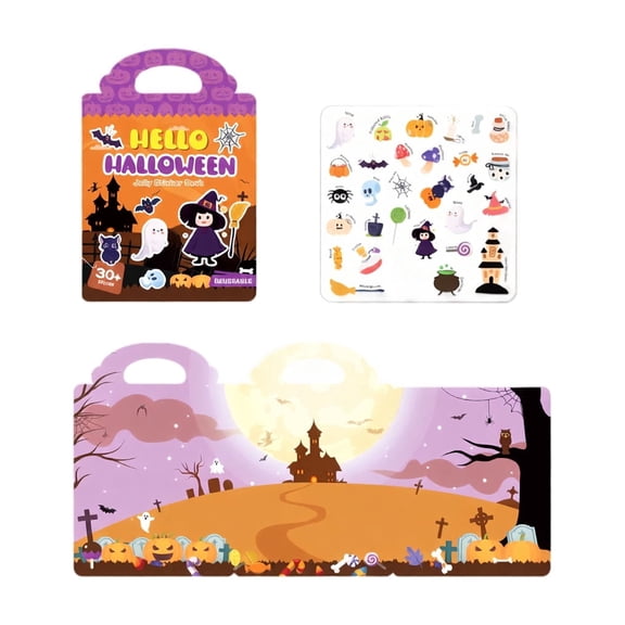 Halloween Sticker Book for Kids, Reusable Jelly Stickers, Portable Quiet Book with Handle, Scene Play for Travel, Toddler Fine Motor Skills Activity Gift
