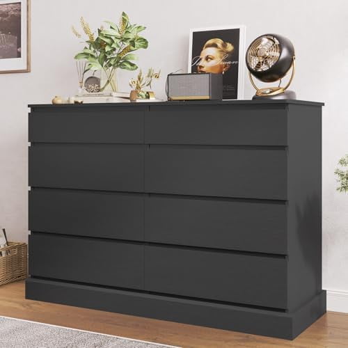Black Dresser for Bedroom, Long Dresser with 8 Drawers, 51.5'' Wooden Dresser Chest of 8 Drawers, Large Capacity Clothing Storage Cabinet, Wide Dresser for Bedroom Living Room Entryway