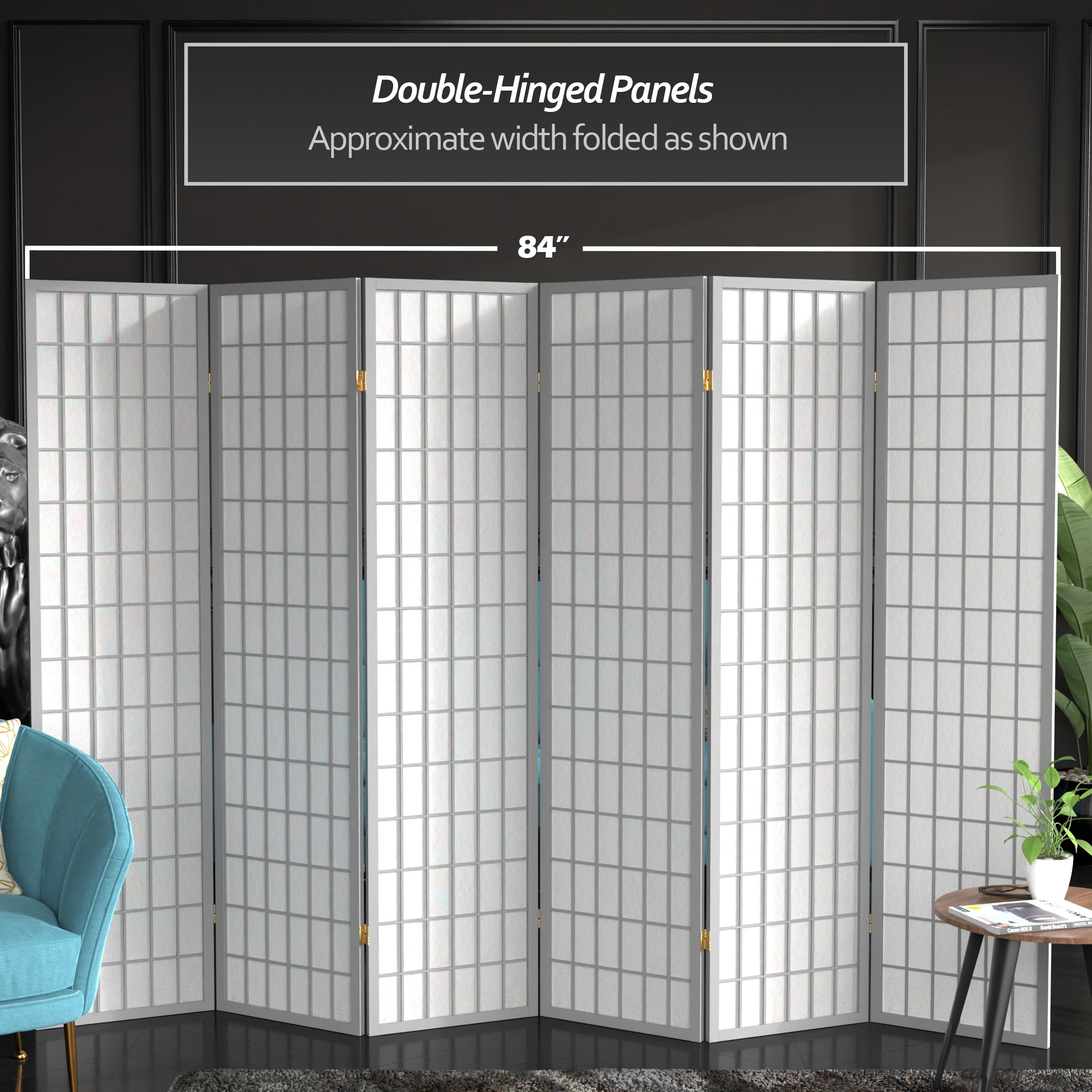 Red Lantern 6 ft. Tall Window Pane Shoji Screen - Grey - 6 Panels