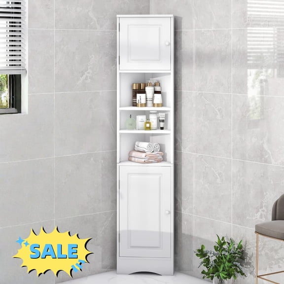 Tcbosik 66.9" Tall Corner Cabinet with 2 Doors, Farmhouse Storage Cabinet with Adjustable Shelves, Cupboard for Kitchen, Bathroom, Living Room, Space Saving, White