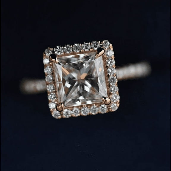 Jewelerix Princess Cut Halo Engagement Ring Rose Gold Plated Moissanite Ring with Diamond Accents Square Solitaire Promise Ring Dainty Pave Band Ring