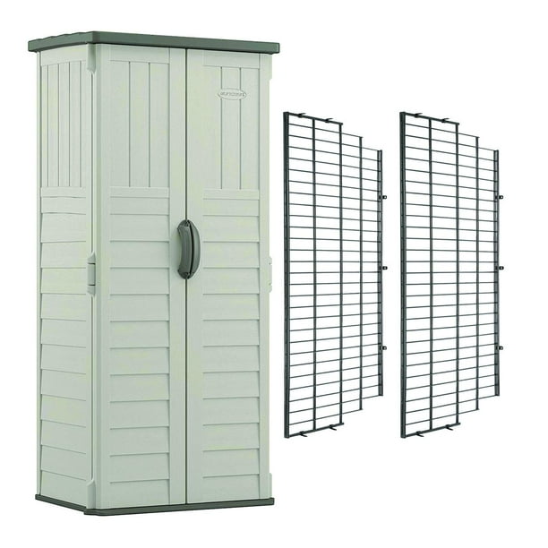 Suncast Vertical Storage Shed Bundled W Metal Wire Shelf Rack Shelving 2 Pack Com Suncast Vertical Storage Shed Bundled W, Upright Storage Cabinet Plastic