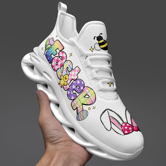Coolcustomize Black-White Easter Bunny & Egg Running Sneakers for Women, Wide Fit Walking Shoes, Casual Footwear, Low Top, Fabric Upper & Insole, Cushioned Sole, Lace-up Wide Width Tennis Shoes