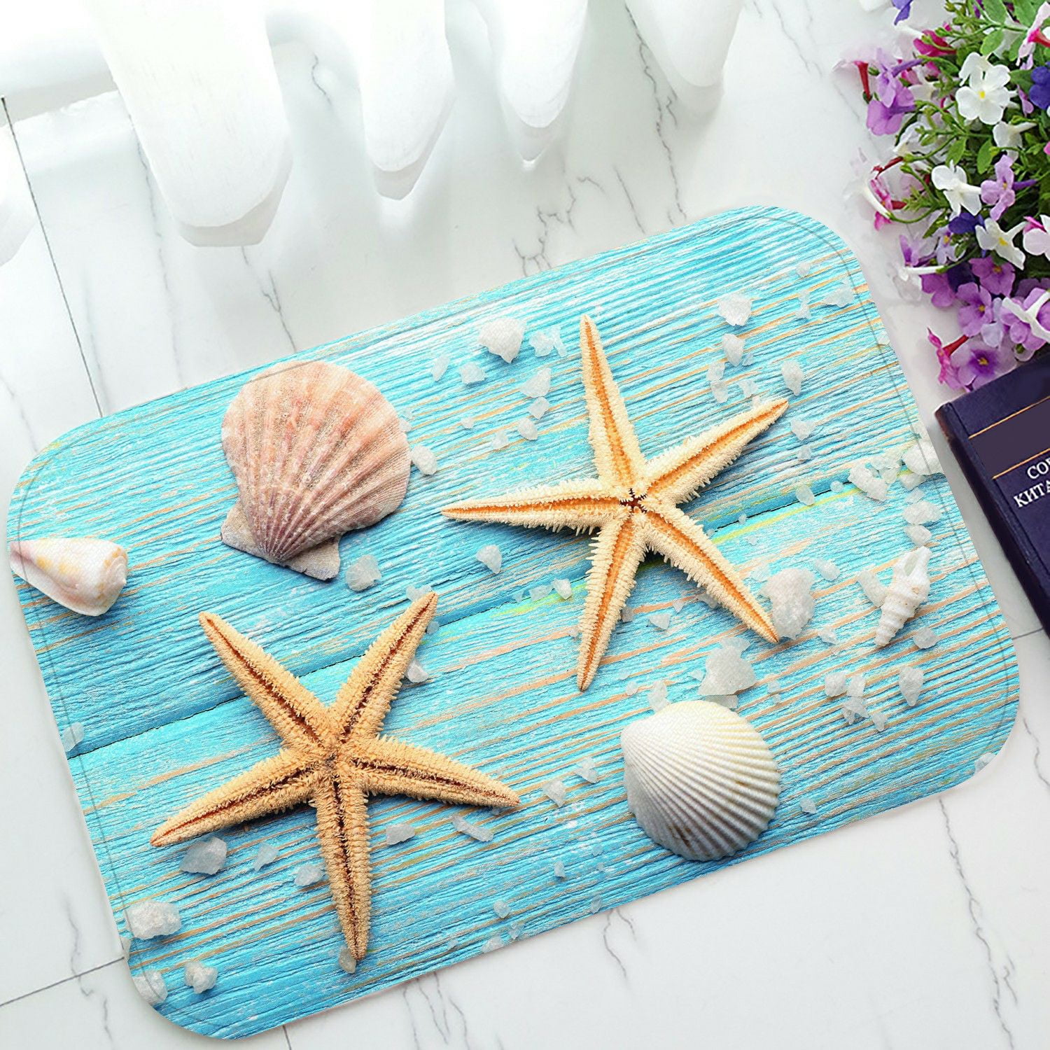 ECZJNT Sea stars shells wooden Doormat Bath Mat Rug Entrance Rug Floor