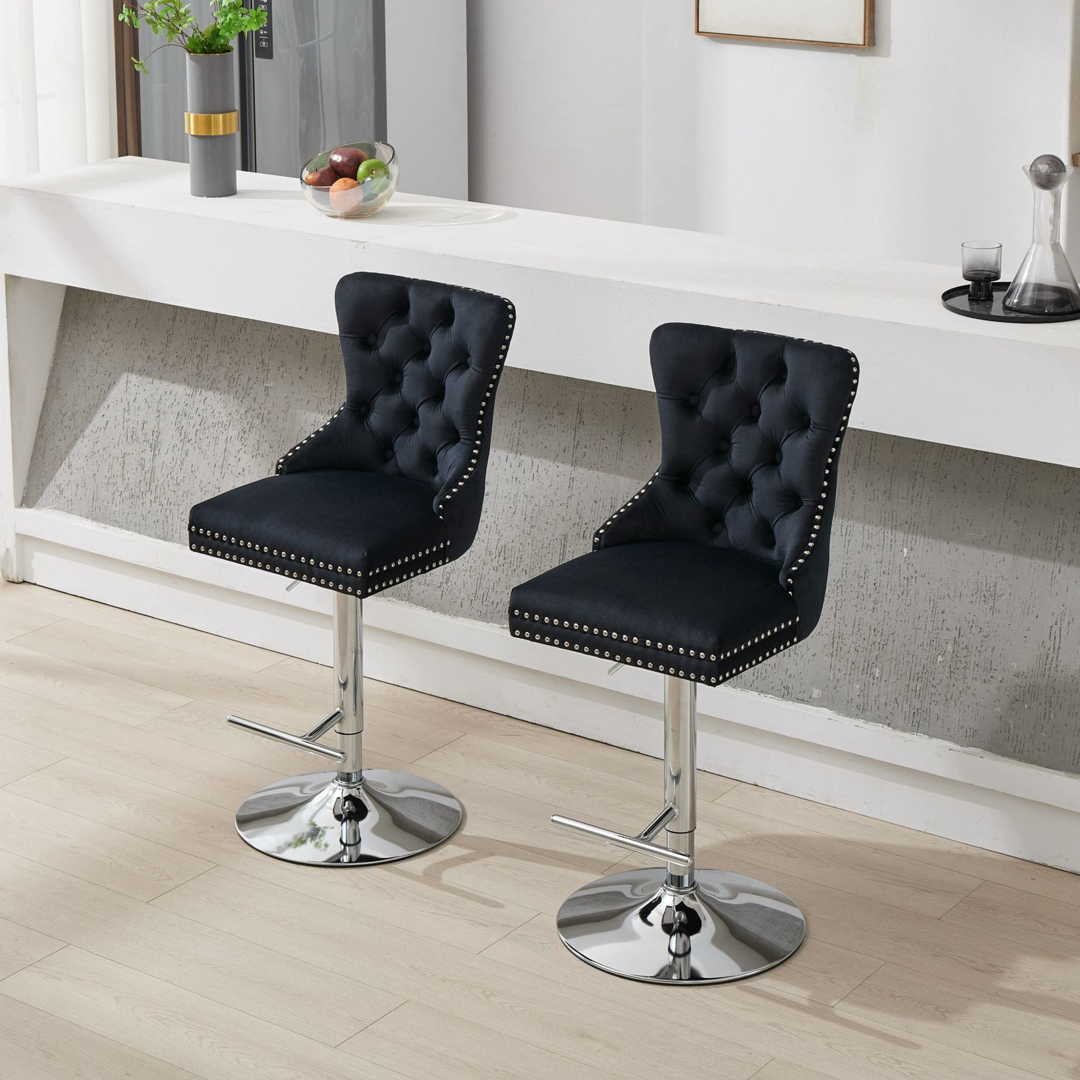 Noble House Set of 2 Swivel Barstools, Adjustable 27-35" Height, Tufted Velvet Upholstery, Black