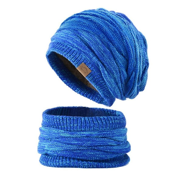 GRNSHTS 2 Pcs/Set Winter Beanie Hat Scarf Thick Warm Knit Fleece Lined Cap Neck Warmer for Men Women (Blue)