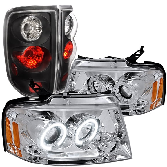 Spec-D Tuning Chrome LED Halo Projector Headlights Black Tail Lamps Compatible with 2004-2008 Ford F150 Pickup Left Right Pair Headlamps Assembly