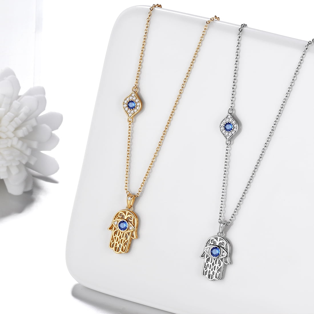 Hamsa Hand Necklace 925 Sterling Silver Blue Third Eye Hand of Fatima Pendant Protective Jewelry Women Gifts Hipunk
