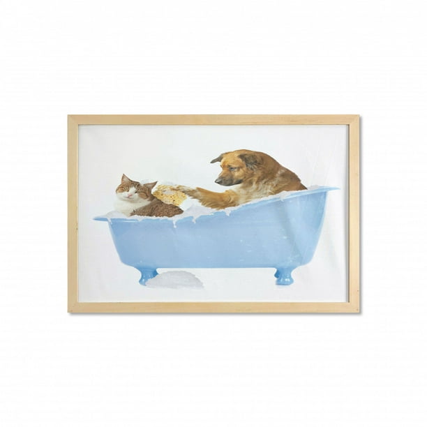 Cat Wall Art With Frame Dog Kitty In, Cat In A Bathtub Print