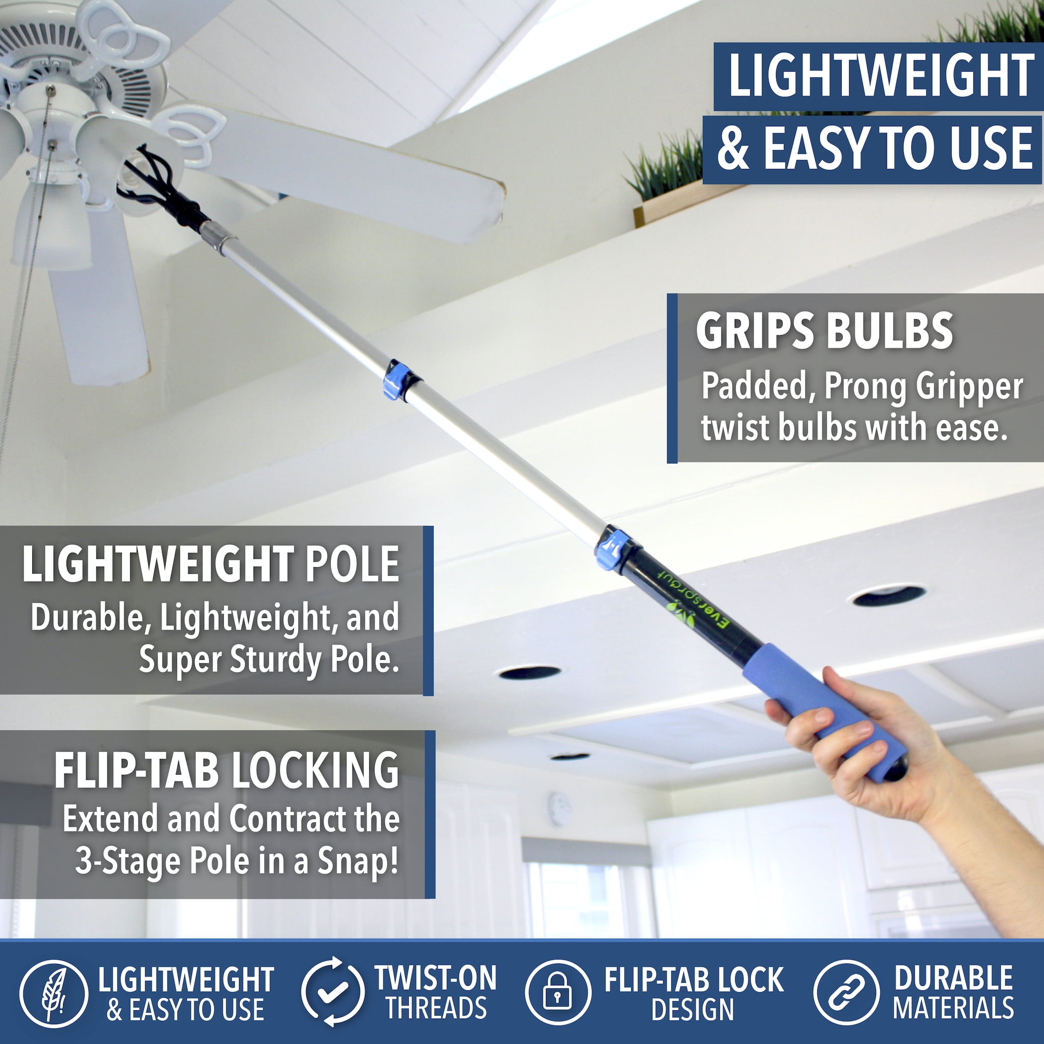 Incandescent Bulbs 20 Foot Reach Florescent More | Extension Pole with Padded Bulb Gripper securely fits Standard Bulbs EVERSPROUT 4-to-12 Foot Light Bulb Changer and Extension Pole Combo LED Incandescent Bulbs 20 Foot Reach Florescent More | Extension Pole with Padded Bulb Gripper securely fits Standard Bulbs EVERSPROUT 4-to-12 Foot Light Bulb Changer and Extension Pole Combo LED
