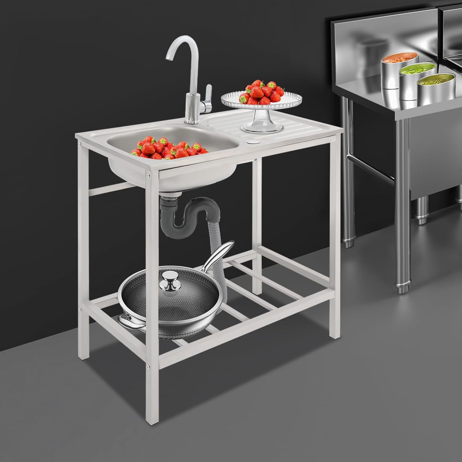 Stainless Steel Utility Sink, 29.5*15.7*29.5 in Free Standing Single Bowl Kitchen Sink with Hot and Cold Faucet & Storage Shelf, Indoor/Outdoor Washing Hand Basin Station for Restaurant