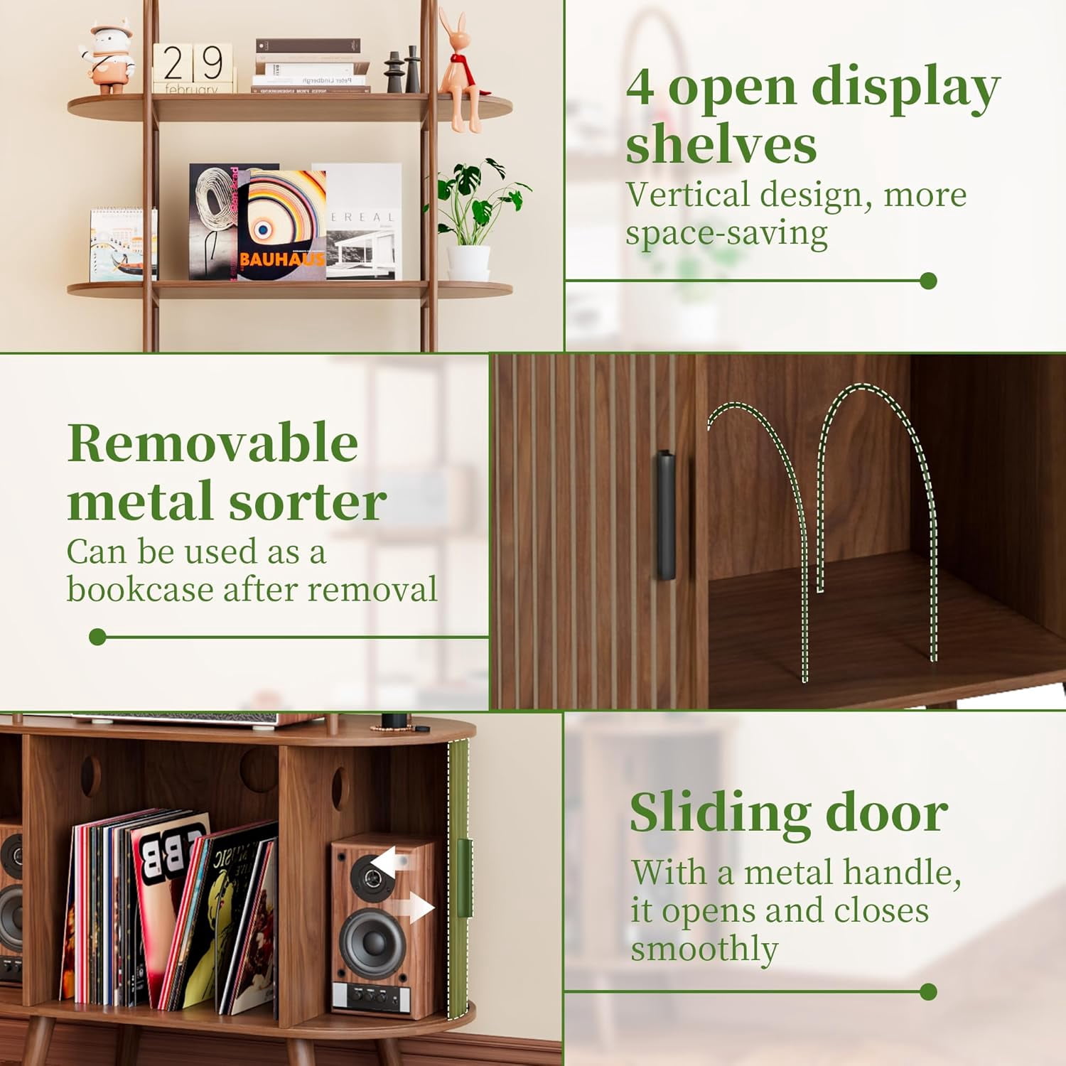 Tall Fluted Arched Bookshelf with Doors, Vinyl Record Player Stand with Storage for Living Room