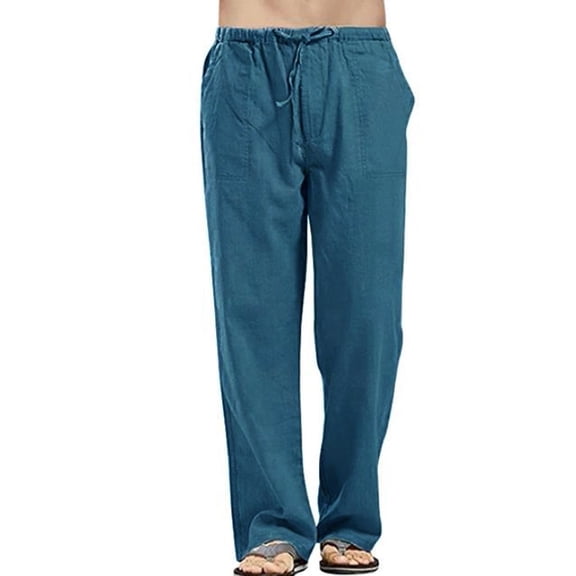 Men's Linen Pants Lightweight Breathable Straight Leg Loungewear Elastic Waist Drawstring Loose Fit Casual Trousers with Pockets for Daily Outdoor Commute Blue L