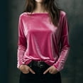 thumbnail image 2 of Lenpel Velvet Tops for Women Trendy Long Sleeve Boat Neck Vintage T Shirts Dressy Casual Blouses Loose Velour Tees(Pink,Small), 2 of 5