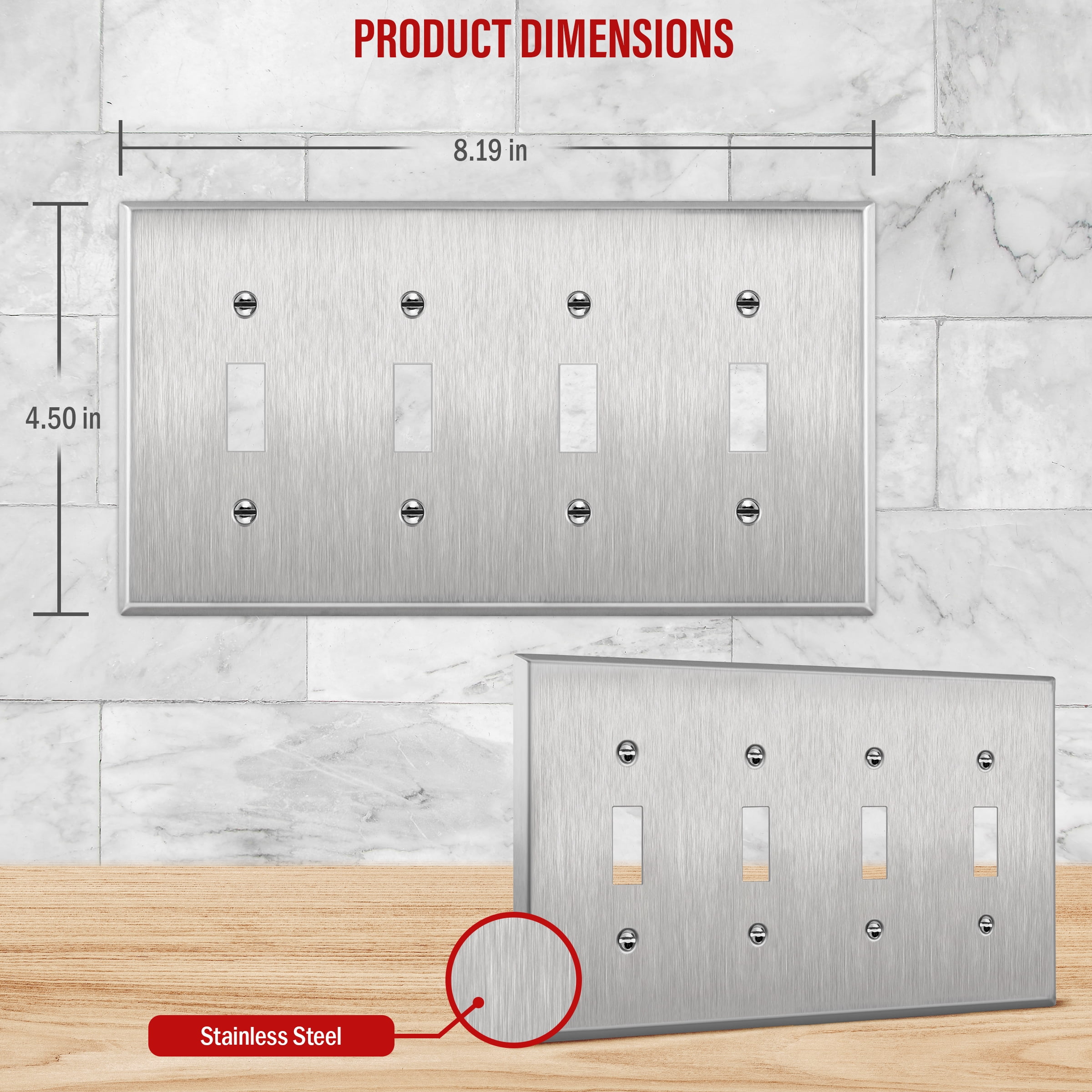 ENERLITES Plaque Murale Pour Interrupteur Décoratif En Métal, Résistante à La Corrosion, Taille 4-Gang 11,4 X 21,6 Cm, 7734-PB, Laiton Poli 302, Certifié UL