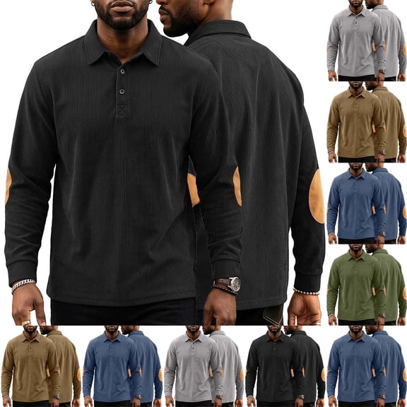 Men's Casual Corduroy Sweatshirts Vintage Button Golf Pullover Casual Long Sleeve Collared Shirts with Elbow Patches