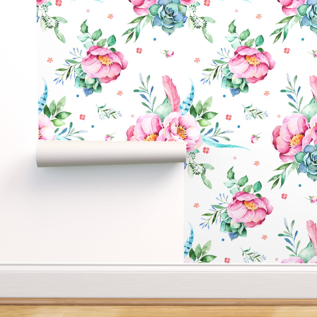 Peel & Stick Wallpaper 3ft x 2ft - Aqua Pink Floral Print Mix Match Boho  Dream Catcher Feather Flowers Custom Removable Wallpaper by Spoonflower -  