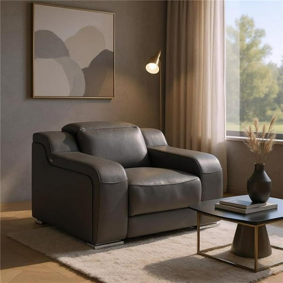 HomeRoots 634542 41 in. Dark Gray Italian Leather Wall Hugger Recliner with USB