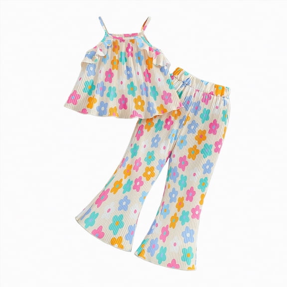 CAICJ98 Girls Summer Clothes 2 Piece Loose Spaghetti Strap Flower Tank Top and Pants Set Kids Toddler Clothing Sets with Pockets (Beige,5-6 Years)