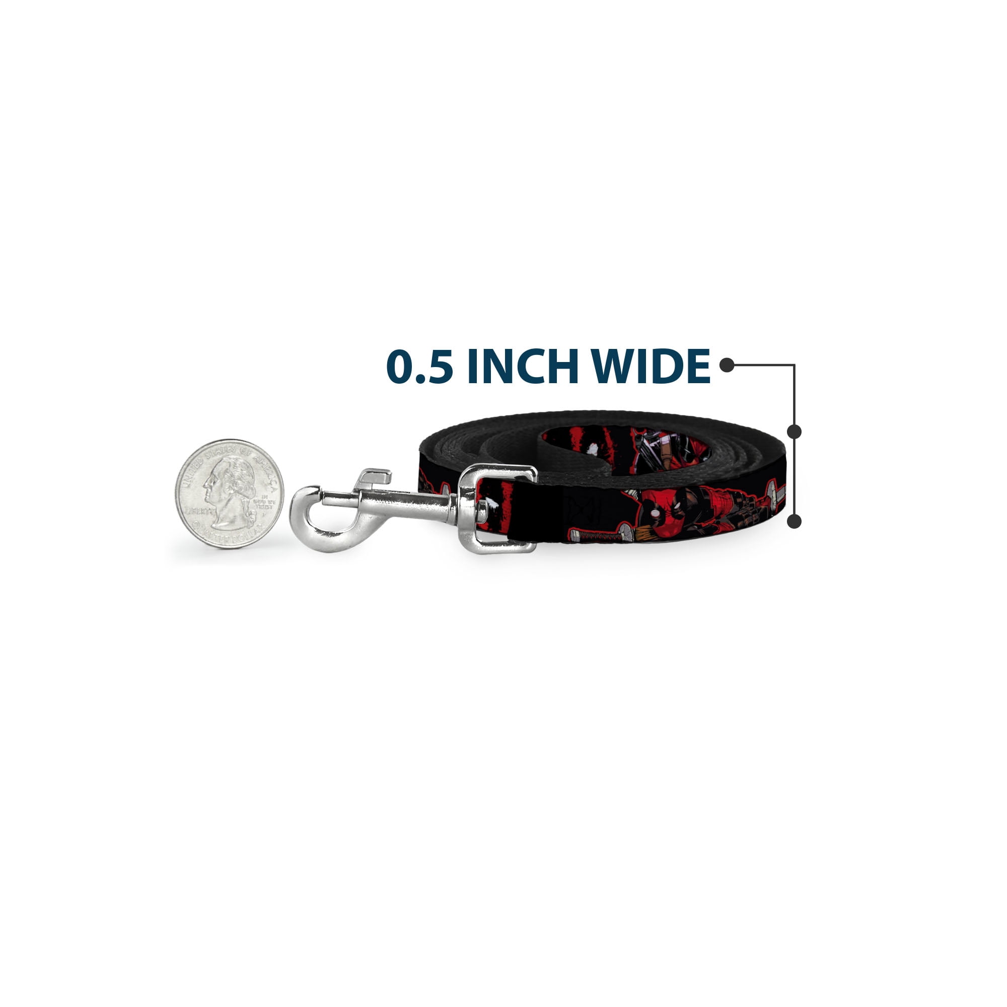 Marvel Comics Pet Leash, Dog Leash, Deadpool Action Poses Splatter Logo Black Red White, 6 Feet Long 1.0 Inch Wide
