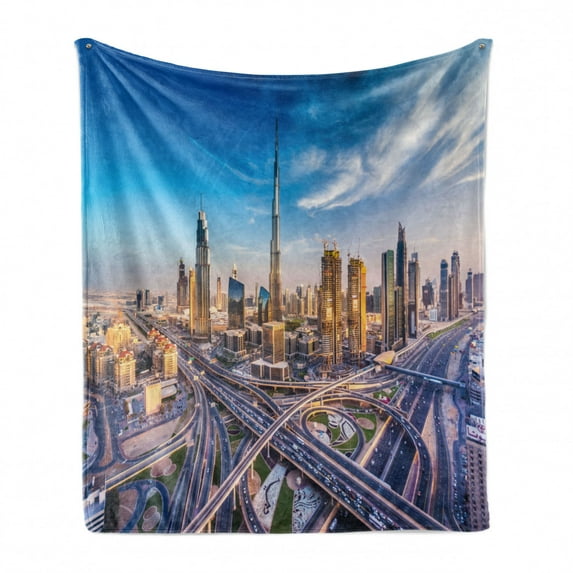 City Soft Flannel Fleece Throw Blanket, Panoramic View of Dubai Cityscape High Rise Buildings Traffic Roads, Cozy Plush for Indoor and Outdoor Use, 50" x 70", Blue Ivory Marigold, by Ambesonne