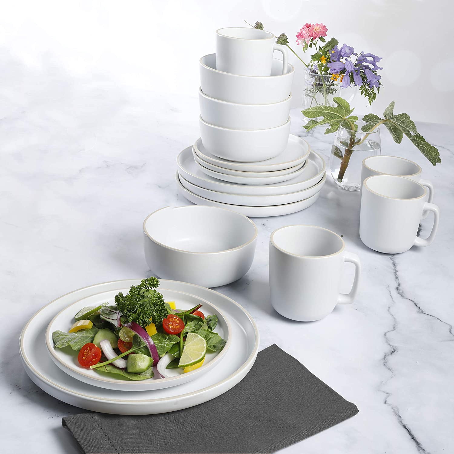Colourfull Zuma 16 Piece Round Kitchen Dinnerware Set, Dishes, Plates, Bowls, Mugs, Service for 4, Matte Stoneware, White