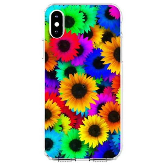 DistinctInk Clear Shockproof Hybrid Case for iPhone XR (6.1" Screen) - TPU Bumper, Acrylic Back, Tempered Glass Screen Protector - Red Green Yellow Sunflowers