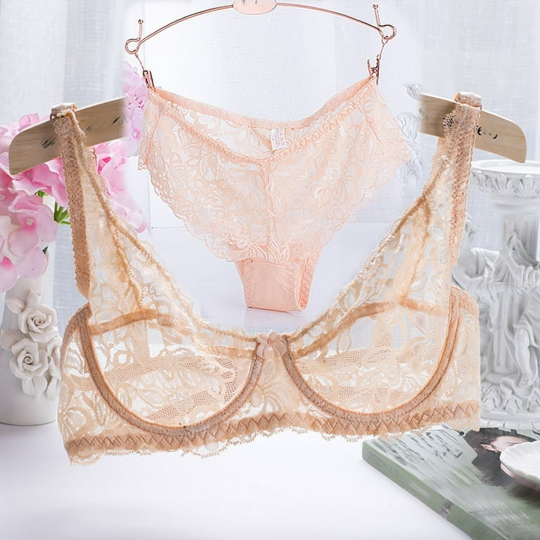 ALSLIAO Women Lace Embroidery Underwear Sexy 3/4 Cup Thin Transparent Bra  Panty Set Apricot 38/85B