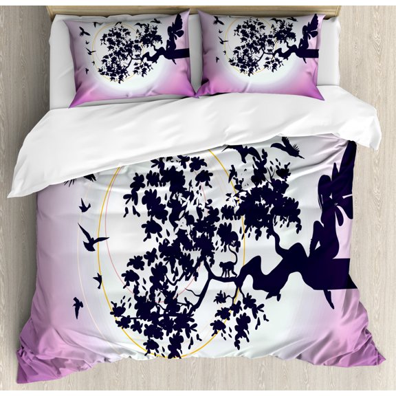 Anime King Size Duvet Cover Set, Fantasy Fairy Silhouette Sitting on the Branch of Tree with Flying Birds, Decorative 3 Piece Bedding Set with 2 Pillow Shams, Dark Purple and Fuchsia, by Ambesonne