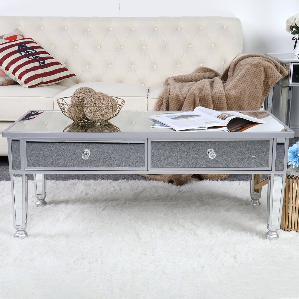 Kepooman Mirror Coffee Table with Two Drawers for Living Room, Silvery Mirror Glass Kepooman Mirror Coffee Table with Two Drawers for Living Room, Silvery Mirror Glass