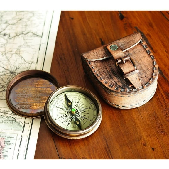 Antiqued Brass Poem Compass With Brown Leather Case Free