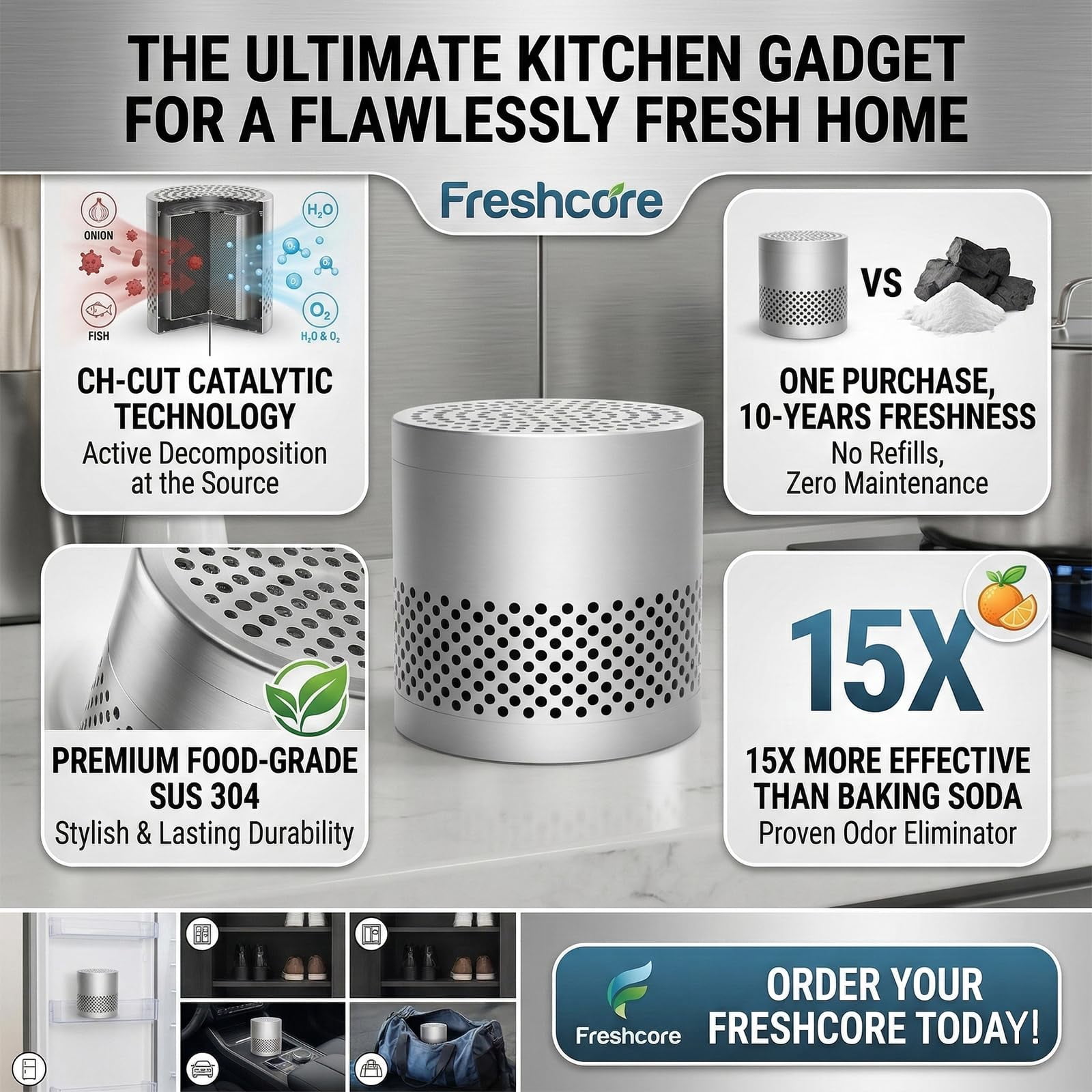 Freshcore Refrigerator Deodorizer Odor Eliminator | Fridge Deodorizer – Lasts 10 Years, Long-Lasting Odor Eliminator - More Effective Than Baking Soda, Charcoal Bags