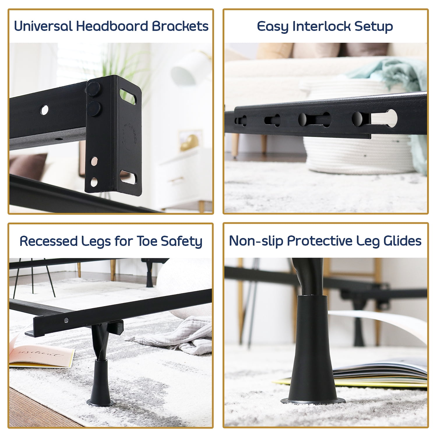 Nestl Adjustable Metal Bed Base - Heavy-Duty Steel Twin Bed Frame Expands to Full Bed Rails, Full/Queen - 5.25" H Bed Frame Only, Universal Headboard Brackets, Black