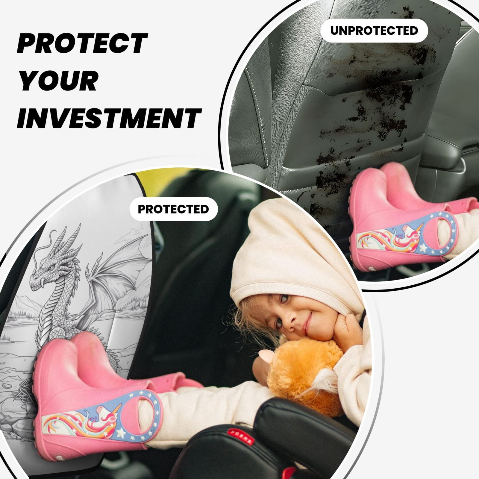 Kdxio Dragon Nest Sketch Print 2 Pack Car Kick Mat Seat Cover Back Protector Mat with Pockets for Organizer Backseat Protector and Storage Anti Kick Pad for Vehicles