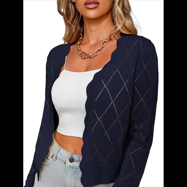 Chaqueta Cárdigan de Punto con Cuello en V y Larga para Mujer, Suéter Chal de Punto Sin Botones. Azul Marino XL