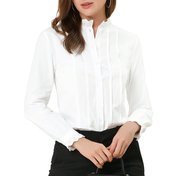 MODA NOVA Junior's Mock Neck Lace Button up Ruffled Long Sleeve Shirt White XXL